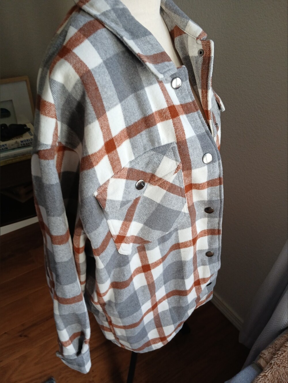Gray & Rust Plaid Button-Up Shacket,  With Pockets!
